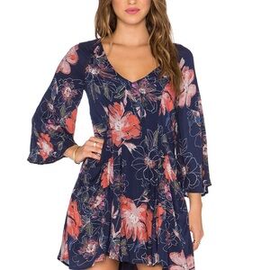 Free People Navy Floral Combo Eyes on You Mini High Low Dress 2-EUC